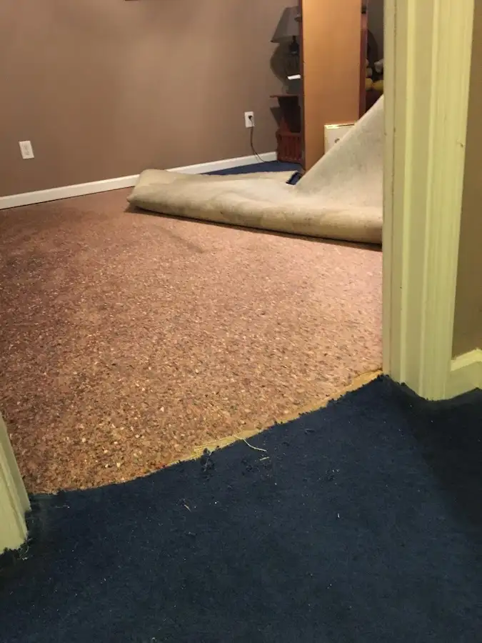 Carpet pad removal revealing water damage during Drying & Dehumidification in Triangle